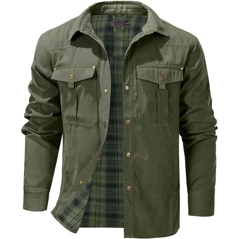 Men's Flannel Lined Shacket Jacket Plaid Brushed Lining Cowboy Western Twill Outdoor Shirt Jacket