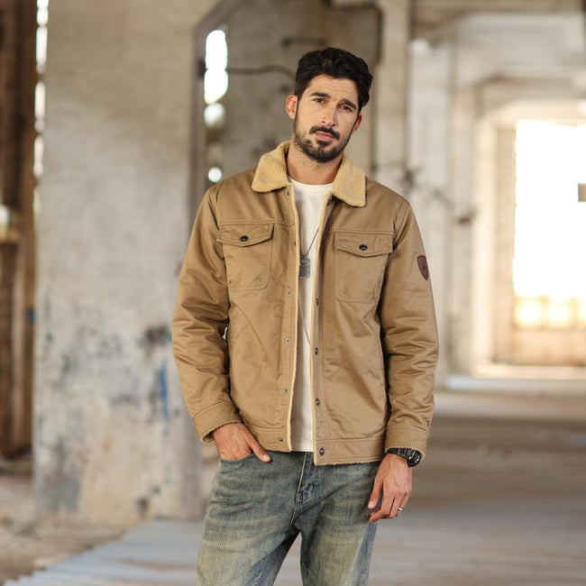 Men's Sherpa Lined Winter Trucker Jacket Warm Multi Pocket Casual Jacket Collared Menswear Tops Cotton Fleece Long Sleeve FallFreshness Khaki Beige Jacket Outdoorfun Main Image