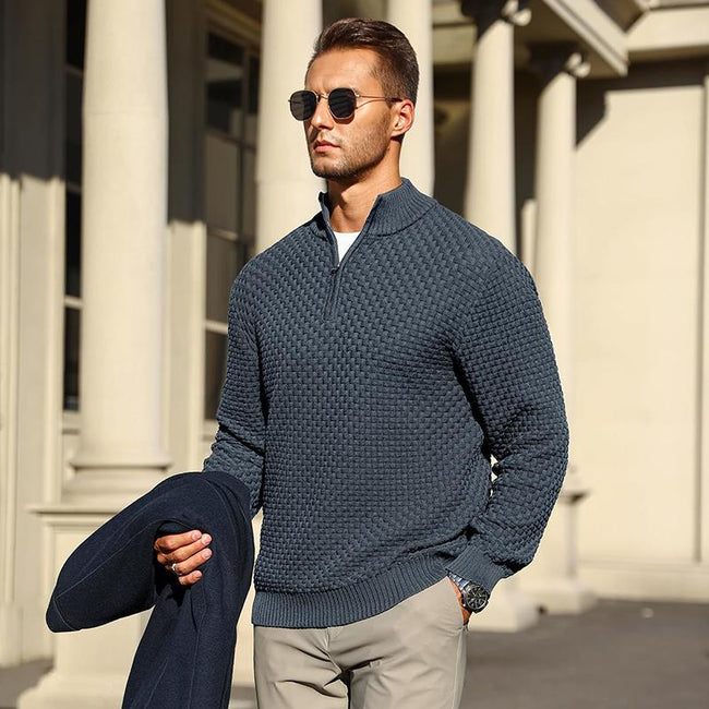 Men’s Cable Knit Quarter-Zip Sweater – Warm Turtleneck Pullover with Zip Collar – Perfect Layer for Cold Days, Casual Fridays & Timeless Everyday Style TikTokShopBlackFriday Christmas gift Main Image