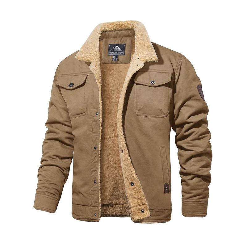 Men's Sherpa Lined Winter Trucker Jacket Warm Multi Pocket Casual Jacket Collared Menswear Tops Cotton Fleece Long Sleeve FallFreshness Khaki Beige Jacket Outdoorfun