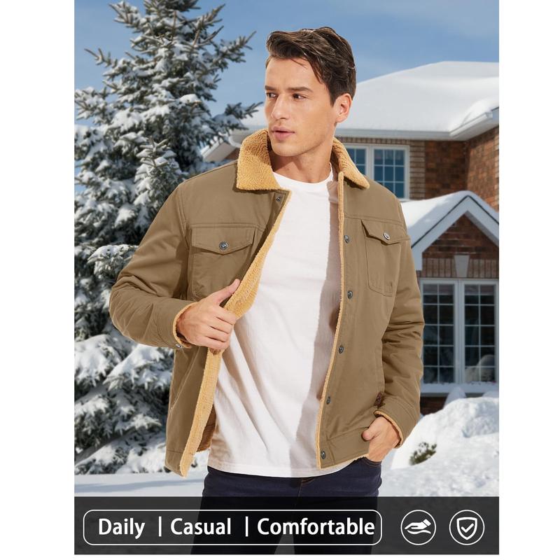 Men's Sherpa Lined Winter Trucker Jacket Warm Multi Pocket Casual Jacket Collared Menswear Tops Cotton Fleece Long Sleeve FallFreshness Khaki Beige Jacket Outdoorfun
