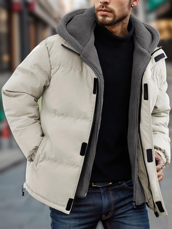 Men's Thickened Windproof Winter Jacket - Cold-Resistant Warm Fleece Lined Hooded Coat with Full Zip Front and Pockets, Mink Fur Collar, Casual Outdoor Jacket Suitable for Cold Weather Regular Fit, Men's Winter Coat Menswear Tops Long Sleeve Tights Beige Hover Image