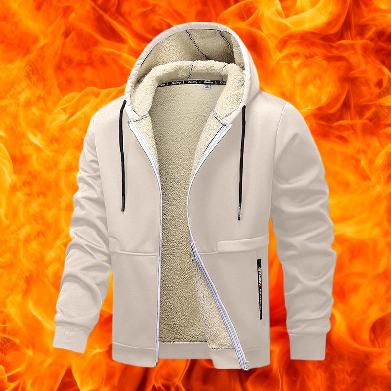 Men's Casual Zipper Wool Lined Hoodie - 100%25 Polyester Solid Color Long Sleeve Jacket, Lightly Stretchable Fabric, Suitable for Spring, Autumn, Hiking & Outdoor Activities, Regular Fit Hooded Sports Shirt, Men’s Warm Coat, Day Fleece Menswear  Beige Bla