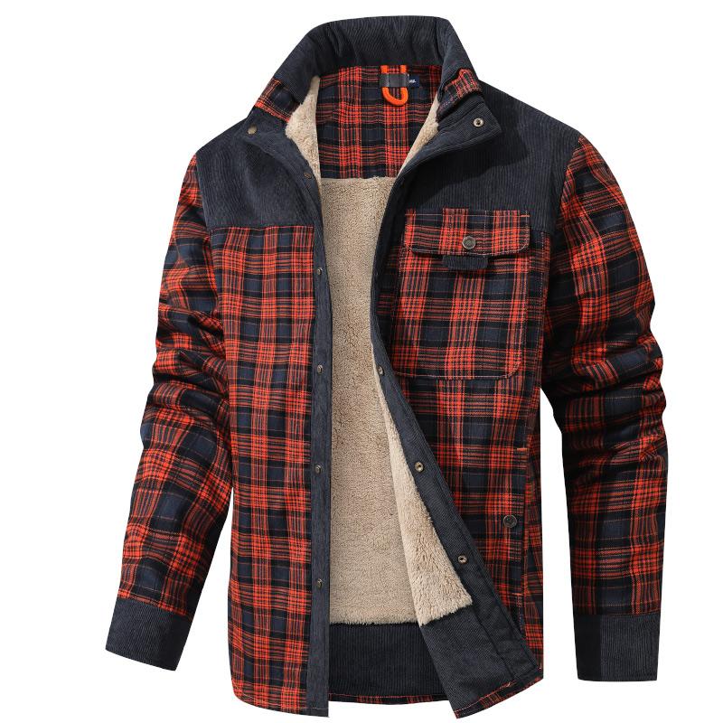 Men's Corduroy Plaid Sherpa Lined Flannel Shirt Jacket Fleece Coat