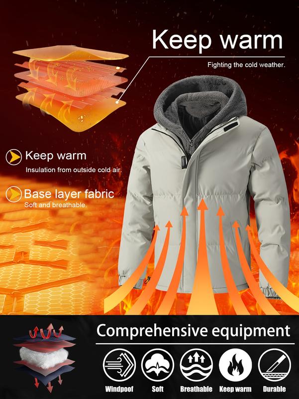 Men's Thickened Windproof Winter Jacket - Cold-Resistant Warm Fleece Lined Hooded Coat with Full Zip Front and Pockets, Mink Fur Collar, Casual Outdoor Jacket Suitable for Cold Weather Regular Fit, Men's Winter Coat Menswear Tops Long Sleeve Tights Beige