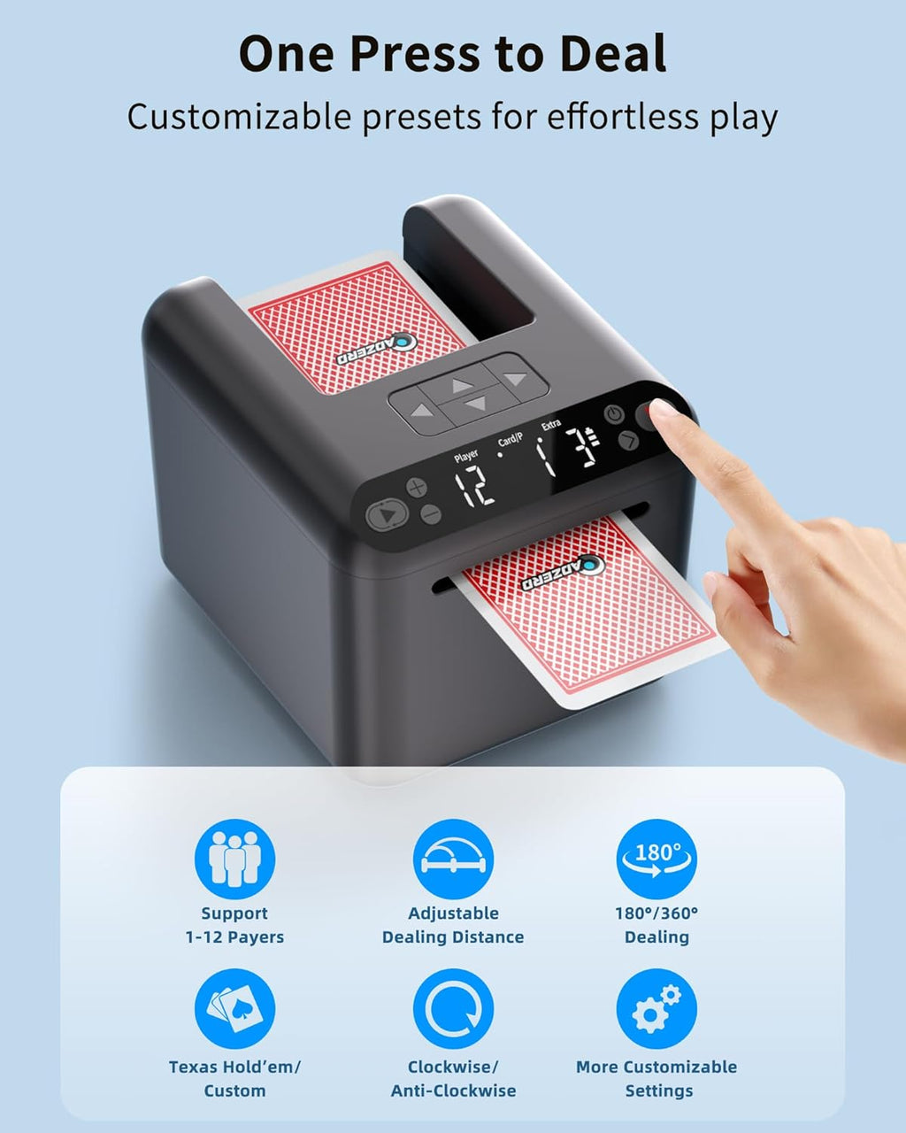 Automatic Card Dealer Machine - Rechargeable for 1/2/3 Decks, 1-12 Players, Adjustable Dealing Distance, Quiet, 360° & 180° Rotation, Compatible with Poker, UNO, Bridge, Blackjack & More