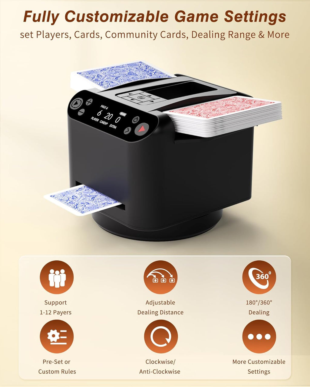 2-in-1 Automatic Card Shuffler and Dealer Machine with 4 Remotes for 1-2 Decks, USB-C Rechargeable, Supports 1-12 Players, Programmable, for Poker, UNO, Blackjack, Texas Holdem