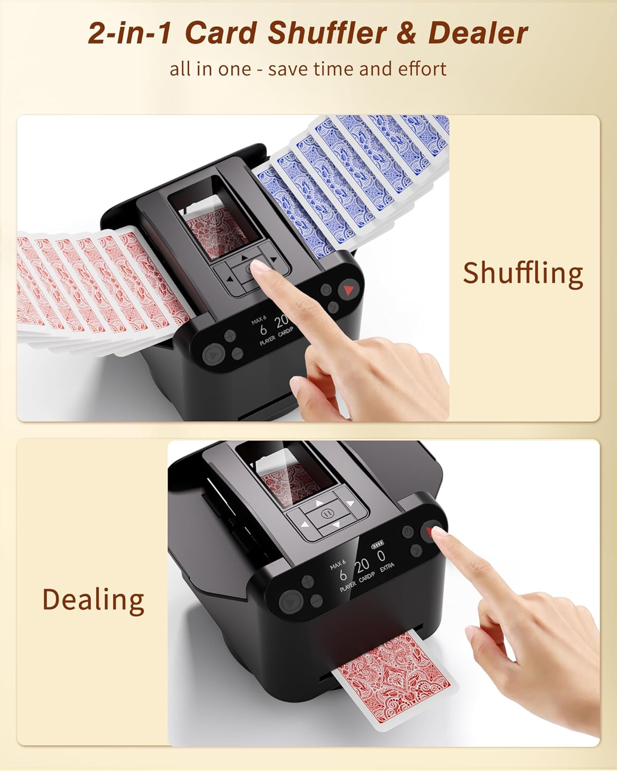 2-in-1 Automatic Card Shuffler and Dealer Machine with 4 Remotes for 1-2 Decks, USB-C Rechargeable, Supports 1-12 Players, Programmable, for Poker, UNO, Blackjack, Texas Holdem