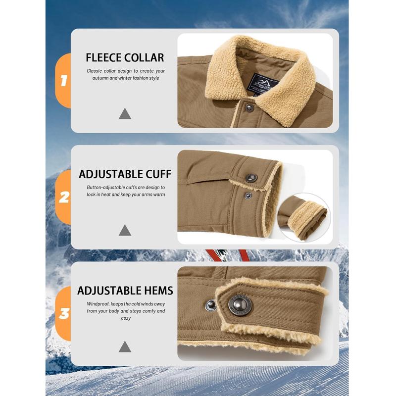 Men's Sherpa Lined Winter Trucker Jacket Warm Multi Pocket Casual Jacket Collared Menswear Tops Cotton Fleece Long Sleeve FallFreshness Khaki Beige Jacket Outdoorfun
