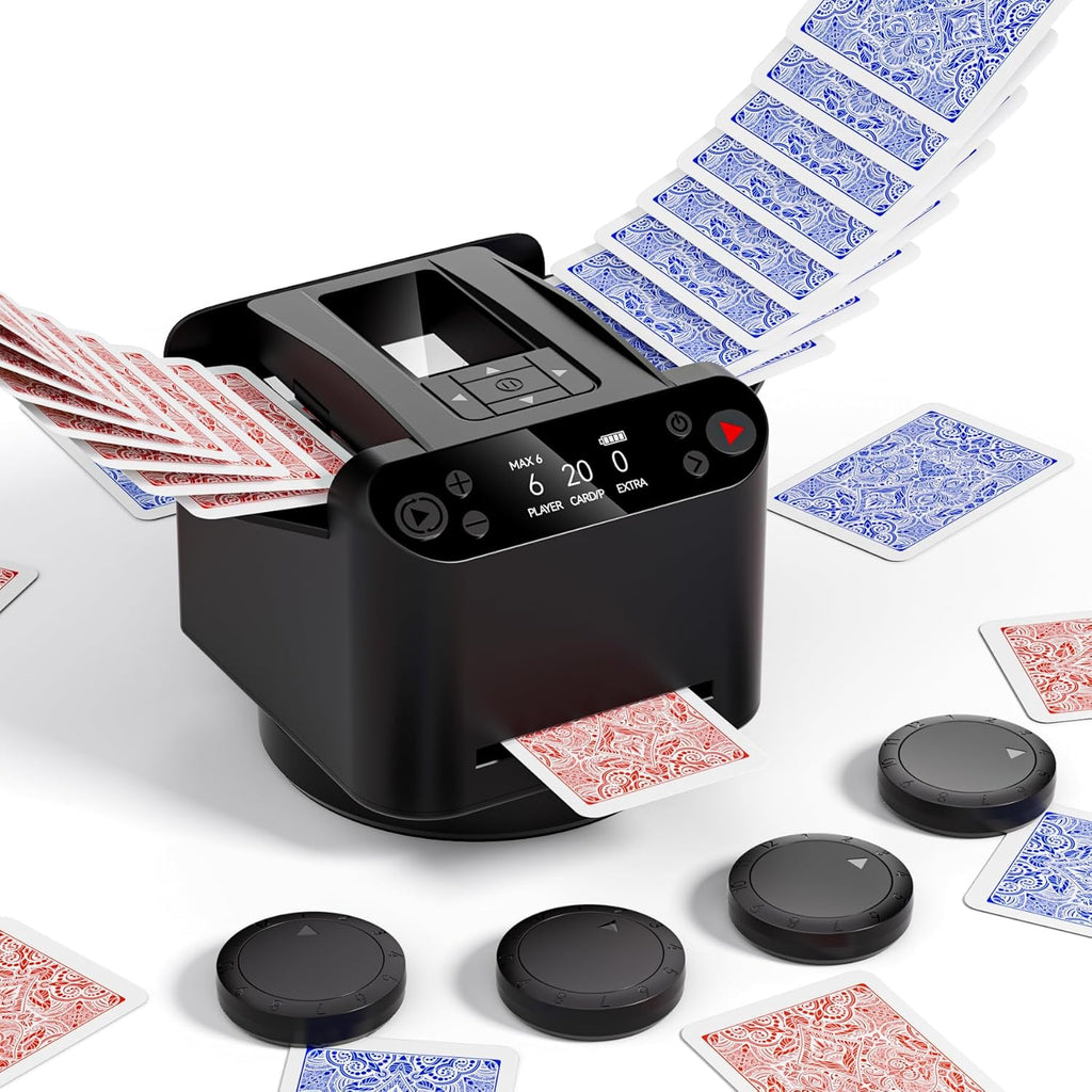 2-in-1 Automatic Card Shuffler and Dealer Machine with 4 Remotes for 1-2 Decks, USB-C Rechargeable, Supports 1-12 Players, Programmable, for Poker, UNO, Blackjack, Texas Holdem