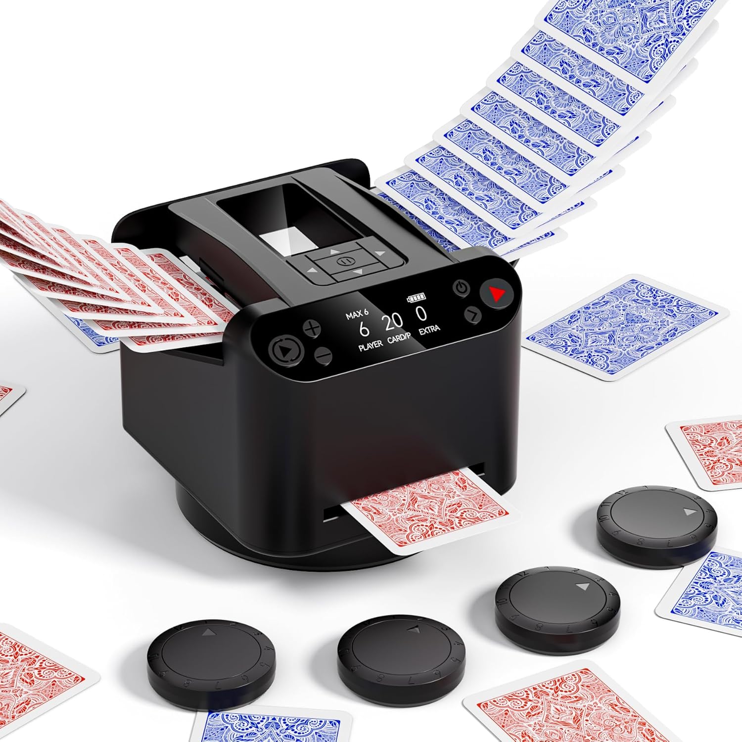 2-in-1 Automatic Card Shuffler and Dealer Machine with 4 Remotes for 1-2 Decks, USB-C Rechargeable, Supports 1-12 Players, Programmable, for Poker, UNO, Blackjack, Texas Holdem