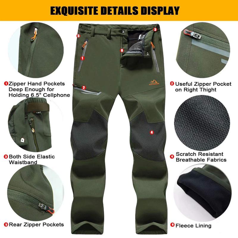 Men's Winter Pants Fleece Lined Ski Snow Pants Water Resistant 4 Zip Pockets Outdoor Work Pants FallFreshness Outdoorfun