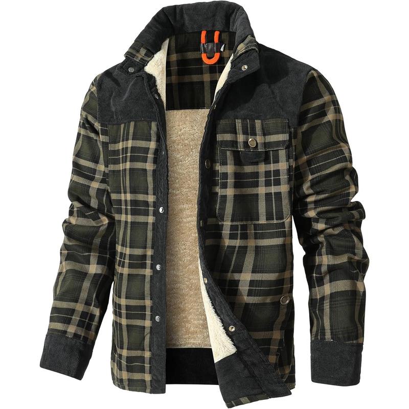 Men's Corduroy Plaid Sherpa Lined Flannel Shirt Jacket Fleece Coat