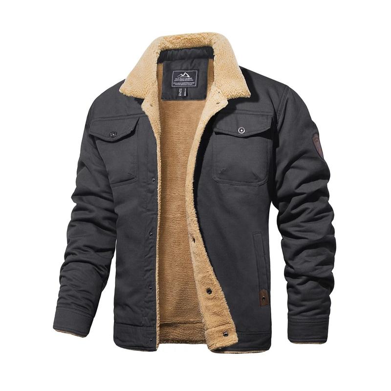 Men's Sherpa Lined Winter Trucker Jacket Warm Multi Pocket Casual Jacket Collared Menswear Tops Cotton Fleece Long Sleeve FallFreshness Khaki Beige Jacket Outdoorfun