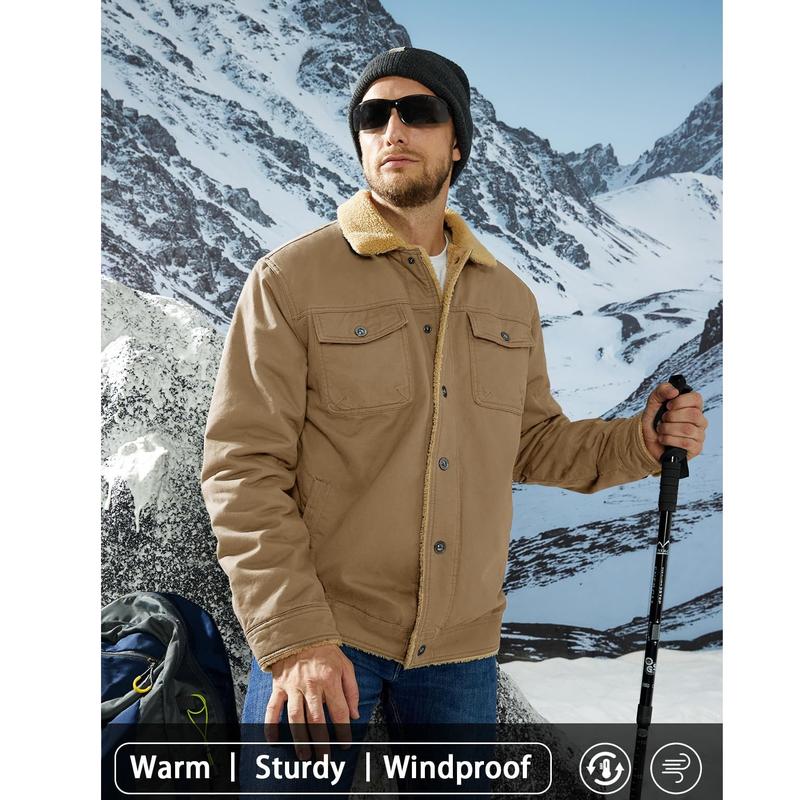Men's Sherpa Lined Winter Trucker Jacket Warm Multi Pocket Casual Jacket Collared Menswear Tops Cotton Fleece Long Sleeve FallFreshness Khaki Beige Jacket Outdoorfun
