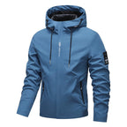 Men's Solid Color Windproof Drawstring Zip-up Hoodie Jacket, Casual Long-Sleeve Outdoor Coat with Zipper Pockets, Suitable for Outdoor Activities, All-Season Men's Apparel, Menswear Blue