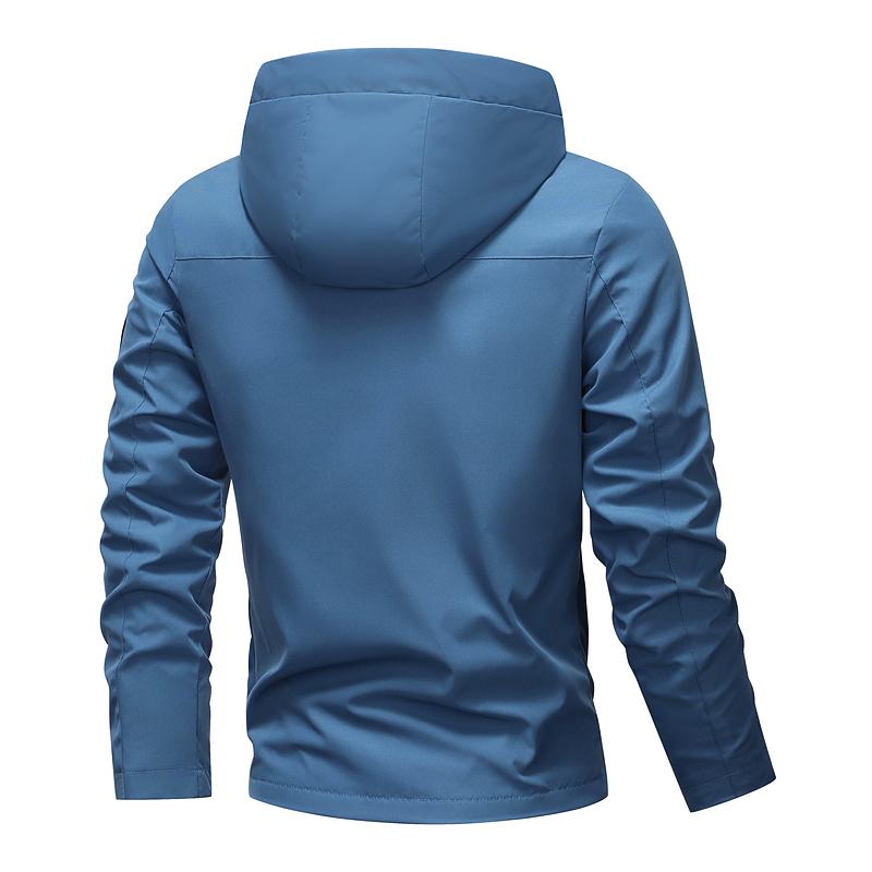Men's Solid Color Windproof Drawstring Zip-up Hoodie Jacket, Casual Long-Sleeve Outdoor Coat with Zipper Pockets, Suitable for Outdoor Activities, All-Season Men's Apparel, Menswear Blue