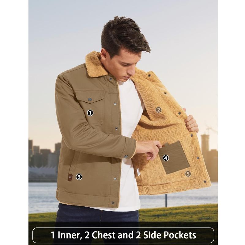 Men's Sherpa Lined Winter Trucker Jacket Warm Multi Pocket Casual Jacket Collared Menswear Tops Cotton Fleece Long Sleeve FallFreshness Khaki Beige Jacket Outdoorfun