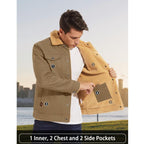 Men's Sherpa Lined Winter Trucker Jacket Warm Multi Pocket Casual Jacket Collared Menswear Tops Cotton Fleece Long Sleeve FallFreshness Khaki Beige Jacket Outdoorfun