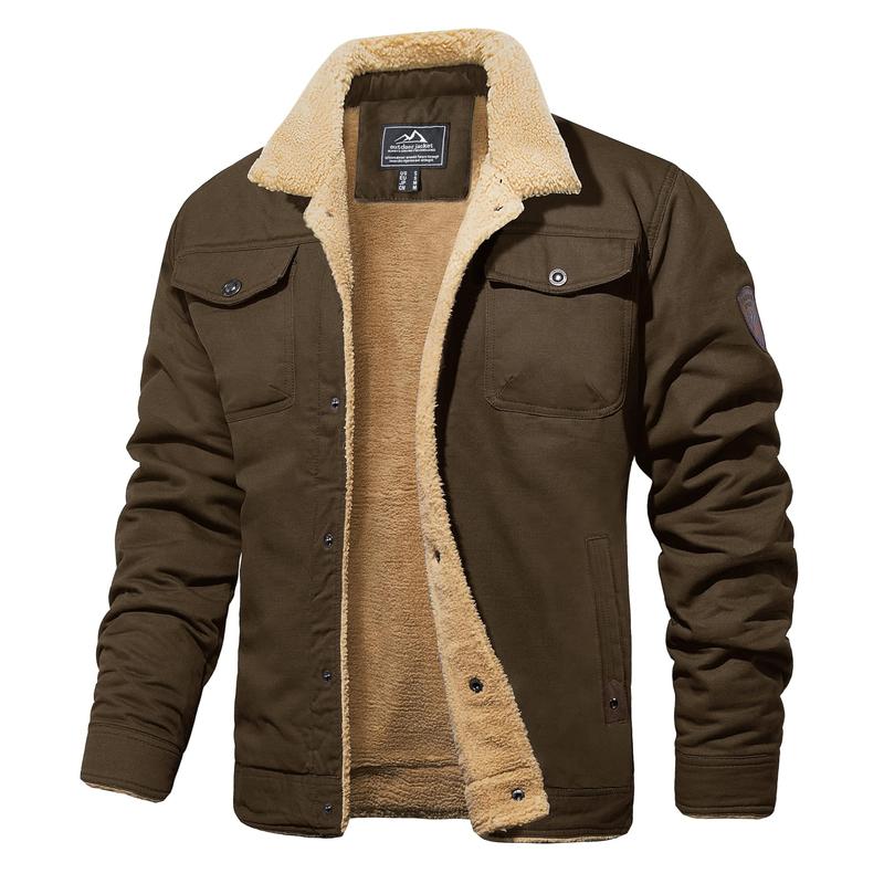 Men's Sherpa Lined Winter Trucker Jacket Warm Multi Pocket Casual Jacket Collared Menswear Tops Cotton Fleece Long Sleeve FallFreshness Khaki Beige Jacket Outdoorfun