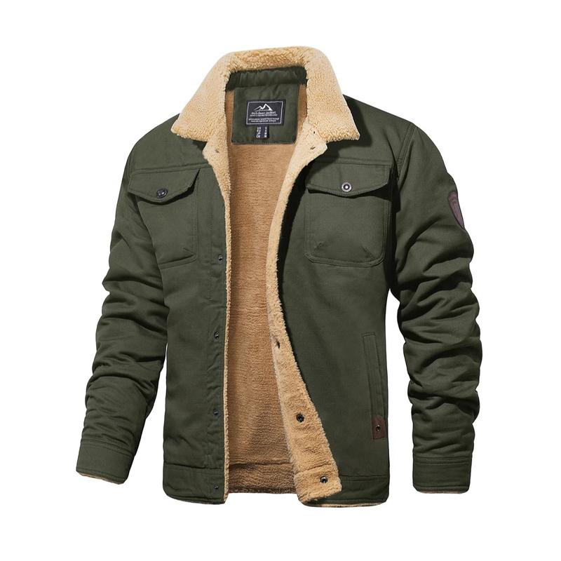 Men's Sherpa Lined Winter Trucker Jacket Warm Multi Pocket Casual Jacket Collared Menswear Tops Cotton Fleece Long Sleeve FallFreshness Khaki Beige Jacket Outdoorfun