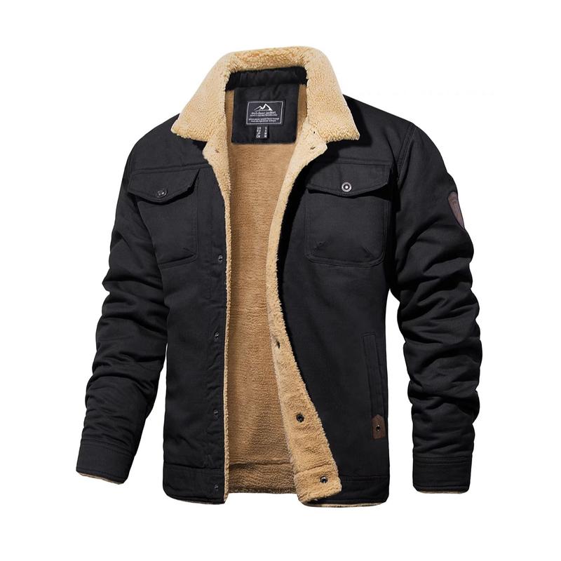 Men's Sherpa Lined Winter Trucker Jacket Warm Multi Pocket Casual Jacket Collared Menswear Tops Cotton Fleece Long Sleeve FallFreshness Khaki Beige Jacket Outdoorfun