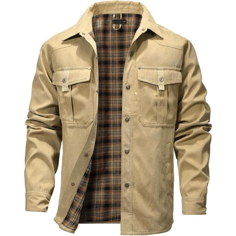 Men's Flannel Lined Shacket Jacket Plaid Brushed Lining Cowboy Western Twill Outdoor Shirt Jacket