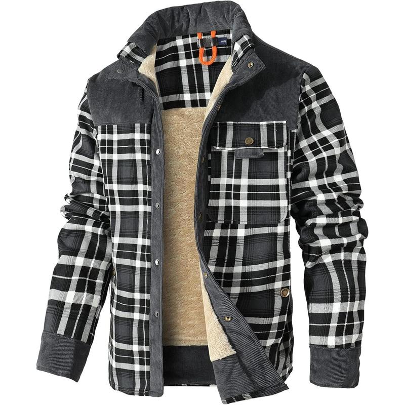 Men's Corduroy Plaid Sherpa Lined Flannel Shirt Jacket Fleece Coat