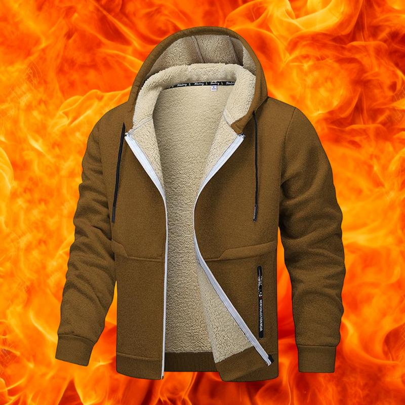 Men's Casual Zipper Wool Lined Hoodie - 100%25 Polyester Solid Color Long Sleeve Jacket, Lightly Stretchable Fabric, Suitable for Spring, Autumn, Hiking & Outdoor Activities, Regular Fit Hooded Sports Shirt, Men’s Warm Coat, Day Fleece Menswear  Beige Bla